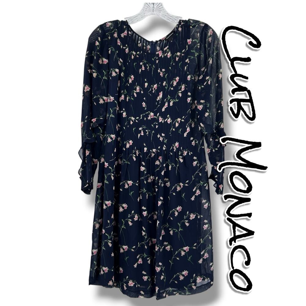 Club Monaco Coriss Silk Dress 2 Navy Floral Pleated Ruffle Sleeve Mini Cottage